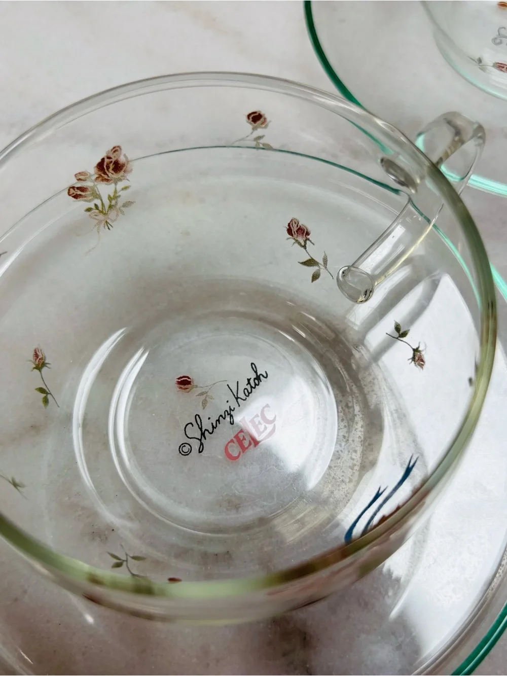 Made in Japan Clear Glass Teacup and Saucer Set with Red Rose Design